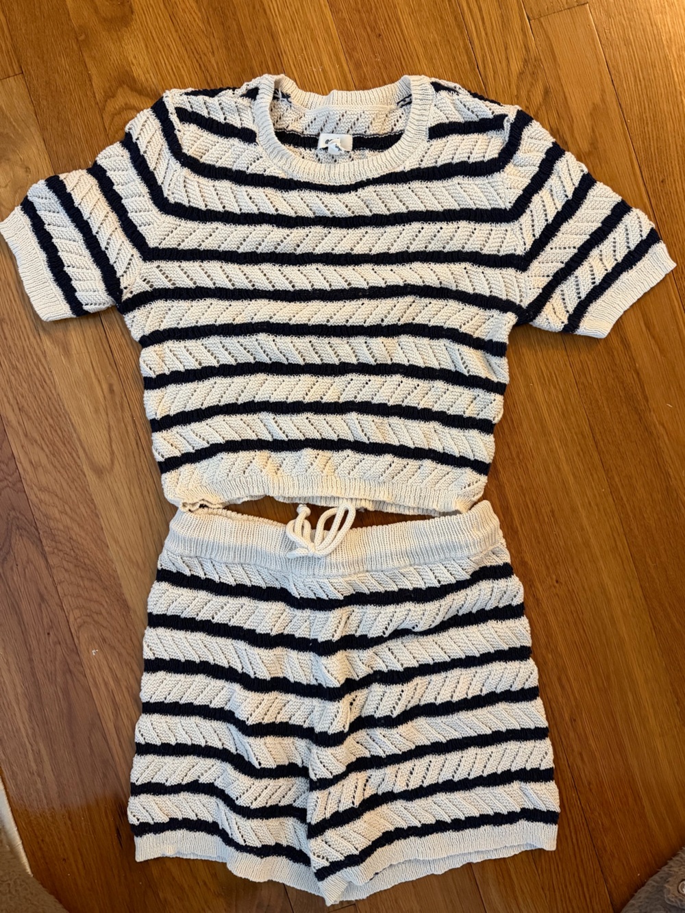 aerie Cream & Navy Striped Knit Shorts Set